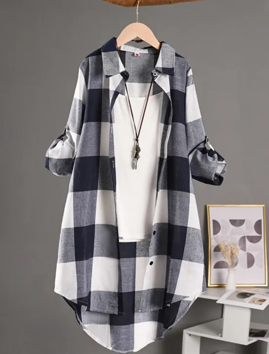 Clearance Women's Shacket Comfortable Breathable Buttons Print Casual Plaid Vacation Street Casual Daily Wear Single Breasted Long Turndown Regular Fit Long Sleeve Outerwear Black And White Red Blue Spring Fall Women Shirts