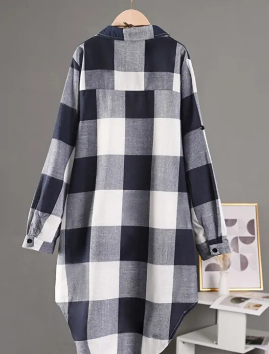 Clearance Women's Shacket Comfortable Breathable Buttons Print Casual Plaid Vacation Street Casual Daily Wear Single Breasted Long Turndown Regular Fit Long Sleeve Outerwear Black And White Red Blue Spring Fall Women Shirts