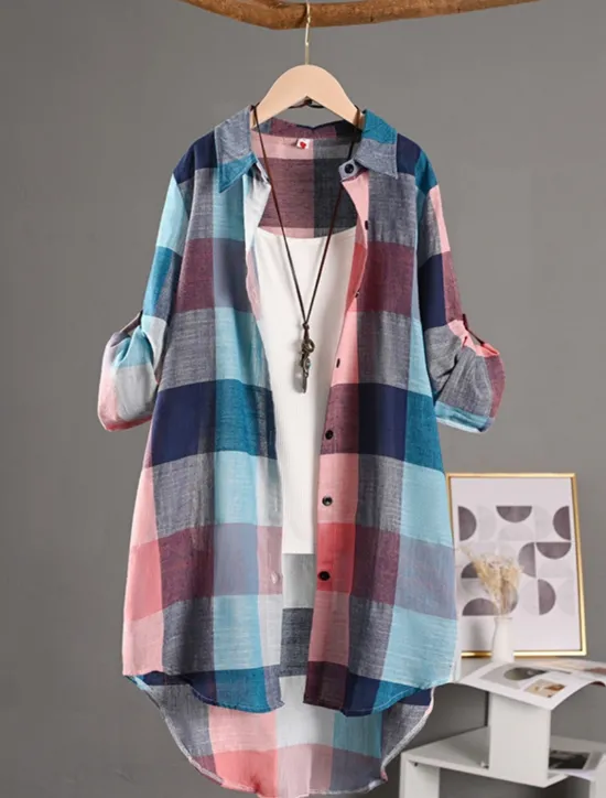 Clearance Women's Shacket Comfortable Breathable Buttons Print Casual Plaid Vacation Street Casual Daily Wear Single Breasted Long Turndown Regular Fit Long Sleeve Outerwear Black And White Red Blue Spring Fall Women Shirts