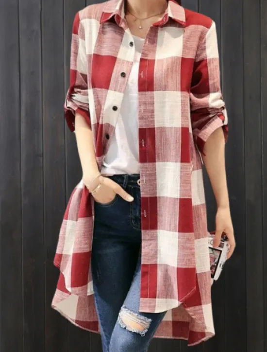 Clearance Women's Shacket Comfortable Breathable Buttons Print Casual Plaid Vacation Street Casual Daily Wear Single Breasted Long Turndown Regular Fit Long Sleeve Outerwear Black And White Red Blue Spring Fall Women Shirts