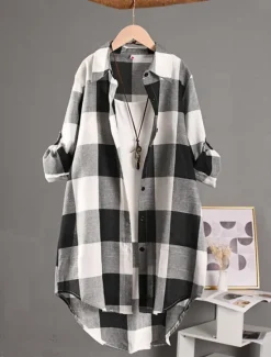 Clearance Women's Shacket Comfortable Breathable Buttons Print Casual Plaid Vacation Street Casual Daily Wear Single Breasted Long Turndown Regular Fit Long Sleeve Outerwear Black And White Red Blue Spring Fall Women Shirts
