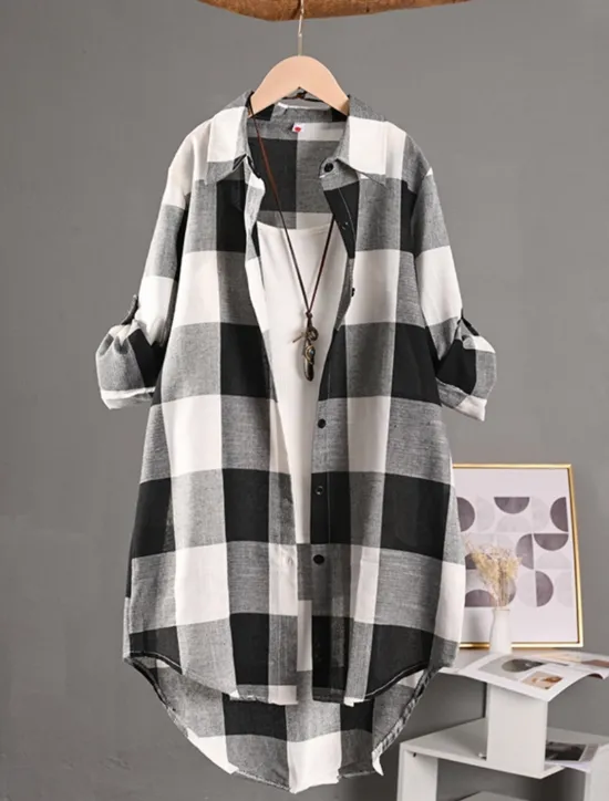 Clearance Women's Shacket Comfortable Breathable Buttons Print Casual Plaid Vacation Street Casual Daily Wear Single Breasted Long Turndown Regular Fit Long Sleeve Outerwear Black And White Red Blue Spring Fall Women Shirts