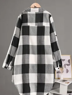 Clearance Women's Shacket Comfortable Breathable Buttons Print Casual Plaid Vacation Street Casual Daily Wear Single Breasted Long Turndown Regular Fit Long Sleeve Outerwear Black And White Red Blue Spring Fall Women Shirts