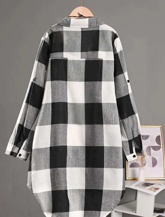 Clearance Women's Shacket Comfortable Breathable Buttons Print Casual Plaid Vacation Street Casual Daily Wear Single Breasted Long Turndown Regular Fit Long Sleeve Outerwear Black And White Red Blue Spring Fall Women Shirts