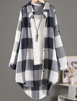 Clearance Women's Shacket Comfortable Breathable Buttons Print Casual Plaid Vacation Street Casual Daily Wear Single Breasted Long Turndown Regular Fit Long Sleeve Outerwear Black And White Red Blue Spring Fall Women Shirts