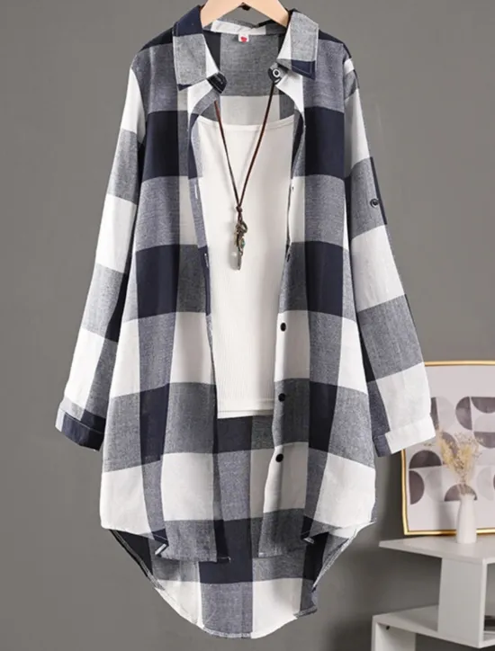 Clearance Women's Shacket Comfortable Breathable Buttons Print Casual Plaid Vacation Street Casual Daily Wear Single Breasted Long Turndown Regular Fit Long Sleeve Outerwear Black And White Red Blue Spring Fall Women Shirts