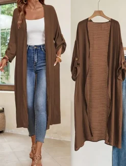 Online Women's Shacket Comfortable Print Elegant Vintage Fashion Solid Color School Outdoor Vacation Home Cardigan Long Collarless Loose Fit Long Sleeve Outerwear dark brown Black Spring Fall Women Jackets
