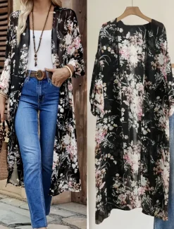 Online Women's Shacket Comfortable Print Elegant Vintage Fashion Solid Color School Outdoor Vacation Home Cardigan Long Collarless Loose Fit Long Sleeve Outerwear dark brown Black Spring Fall Women Jackets