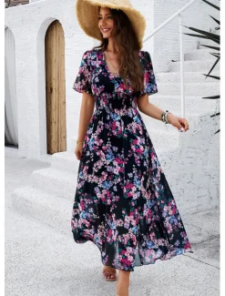Outlet Women's Sheath Dress Chiffon Dress Sundress Floral Graphic Elastic Waist Print V Neck Cold Shoulder Long Dress Maxi Dress Elegant Tropical Party Date Short Sleeve Summer Spring Women Spring Dresses