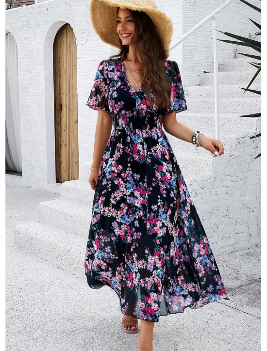 Outlet Women's Sheath Dress Chiffon Dress Sundress Floral Graphic Elastic Waist Print V Neck Cold Shoulder Long Dress Maxi Dress Elegant Tropical Party Date Short Sleeve Summer Spring Women Spring Dresses
