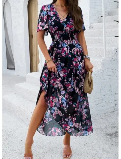 Outlet Women's Sheath Dress Chiffon Dress Sundress Floral Graphic Elastic Waist Print V Neck Cold Shoulder Long Dress Maxi Dress Elegant Tropical Party Date Short Sleeve Summer Spring Women Spring Dresses