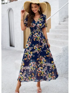 Outlet Women's Sheath Dress Chiffon Dress Sundress Floral Graphic Elastic Waist Print V Neck Cold Shoulder Long Dress Maxi Dress Elegant Tropical Party Date Short Sleeve Summer Spring Women Spring Dresses