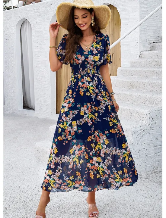 Outlet Women's Sheath Dress Chiffon Dress Sundress Floral Graphic Elastic Waist Print V Neck Cold Shoulder Long Dress Maxi Dress Elegant Tropical Party Date Short Sleeve Summer Spring Women Spring Dresses