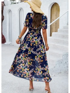 Outlet Women's Sheath Dress Chiffon Dress Sundress Floral Graphic Elastic Waist Print V Neck Cold Shoulder Long Dress Maxi Dress Elegant Tropical Party Date Short Sleeve Summer Spring Women Spring Dresses