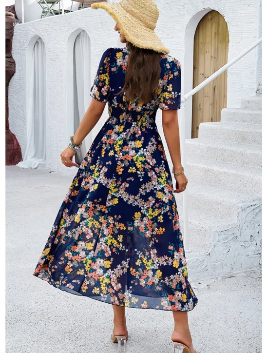 Outlet Women's Sheath Dress Chiffon Dress Sundress Floral Graphic Elastic Waist Print V Neck Cold Shoulder Long Dress Maxi Dress Elegant Tropical Party Date Short Sleeve Summer Spring Women Spring Dresses