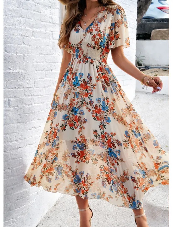 Outlet Women's Sheath Dress Chiffon Dress Sundress Floral Graphic Elastic Waist Print V Neck Cold Shoulder Long Dress Maxi Dress Elegant Tropical Party Date Short Sleeve Summer Spring Women Spring Dresses