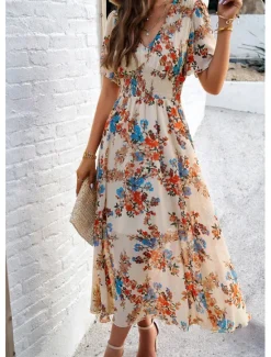 Outlet Women's Sheath Dress Chiffon Dress Sundress Floral Graphic Elastic Waist Print V Neck Cold Shoulder Long Dress Maxi Dress Elegant Tropical Party Date Short Sleeve Summer Spring Women Spring Dresses