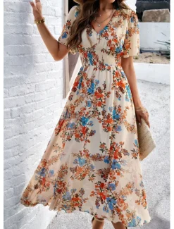 Outlet Women's Sheath Dress Chiffon Dress Sundress Floral Graphic Elastic Waist Print V Neck Cold Shoulder Long Dress Maxi Dress Elegant Tropical Party Date Short Sleeve Summer Spring Women Spring Dresses