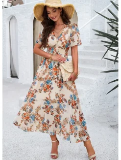 Outlet Women's Sheath Dress Chiffon Dress Sundress Floral Graphic Elastic Waist Print V Neck Cold Shoulder Long Dress Maxi Dress Elegant Tropical Party Date Short Sleeve Summer Spring Women Spring Dresses