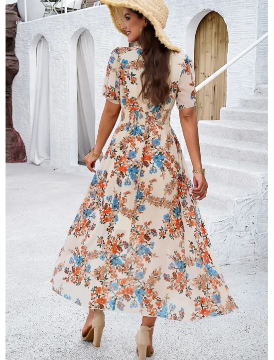 Outlet Women's Sheath Dress Chiffon Dress Sundress Floral Graphic Elastic Waist Print V Neck Cold Shoulder Long Dress Maxi Dress Elegant Tropical Party Date Short Sleeve Summer Spring Women Spring Dresses