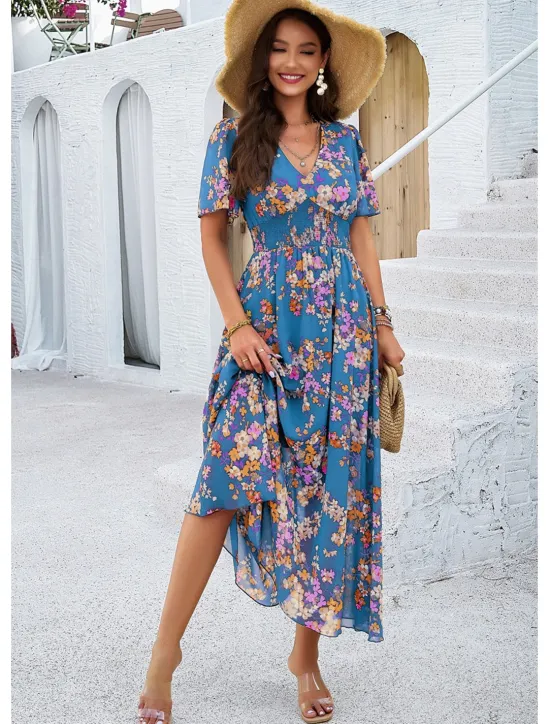 Outlet Women's Sheath Dress Chiffon Dress Sundress Floral Graphic Elastic Waist Print V Neck Cold Shoulder Long Dress Maxi Dress Elegant Tropical Party Date Short Sleeve Summer Spring Women Spring Dresses