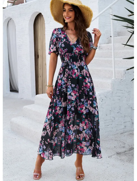 Outlet Women's Sheath Dress Chiffon Dress Sundress Floral Graphic Elastic Waist Print V Neck Cold Shoulder Long Dress Maxi Dress Elegant Tropical Party Date Short Sleeve Summer Spring Women Spring Dresses