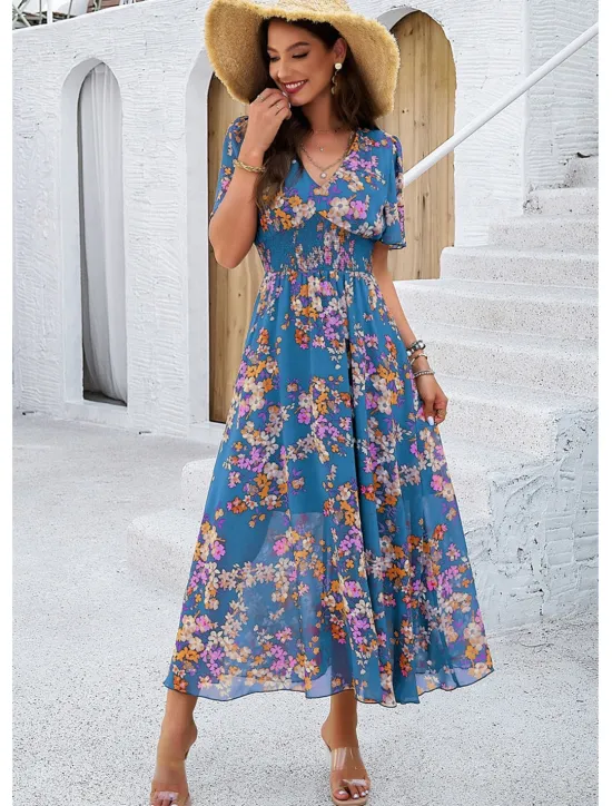 Outlet Women's Sheath Dress Chiffon Dress Sundress Floral Graphic Elastic Waist Print V Neck Cold Shoulder Long Dress Maxi Dress Elegant Tropical Party Date Short Sleeve Summer Spring Women Spring Dresses