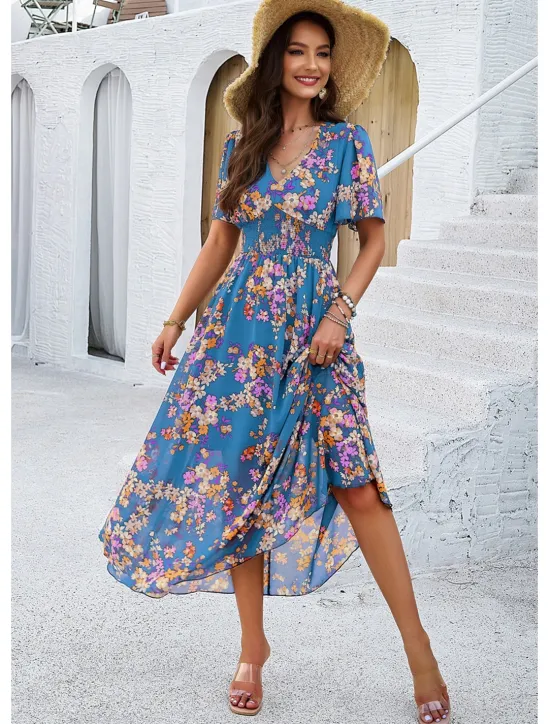 Outlet Women's Sheath Dress Chiffon Dress Sundress Floral Graphic Elastic Waist Print V Neck Cold Shoulder Long Dress Maxi Dress Elegant Tropical Party Date Short Sleeve Summer Spring Women Spring Dresses