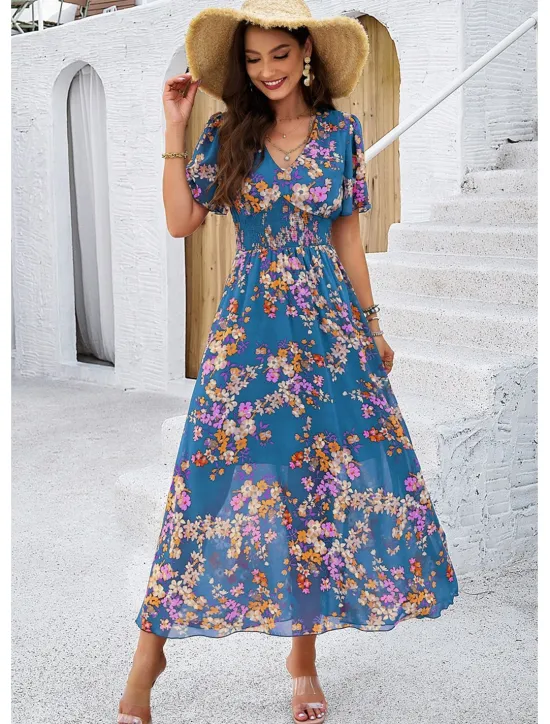 Outlet Women's Sheath Dress Chiffon Dress Sundress Floral Graphic Elastic Waist Print V Neck Cold Shoulder Long Dress Maxi Dress Elegant Tropical Party Date Short Sleeve Summer Spring Women Spring Dresses