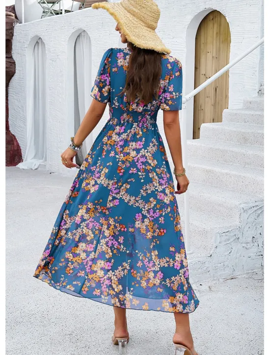 Outlet Women's Sheath Dress Chiffon Dress Sundress Floral Graphic Elastic Waist Print V Neck Cold Shoulder Long Dress Maxi Dress Elegant Tropical Party Date Short Sleeve Summer Spring Women Spring Dresses