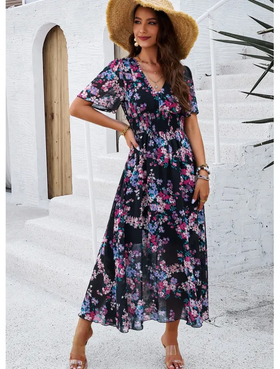 Outlet Women's Sheath Dress Chiffon Dress Sundress Floral Graphic Elastic Waist Print V Neck Cold Shoulder Long Dress Maxi Dress Elegant Tropical Party Date Short Sleeve Summer Spring Women Spring Dresses