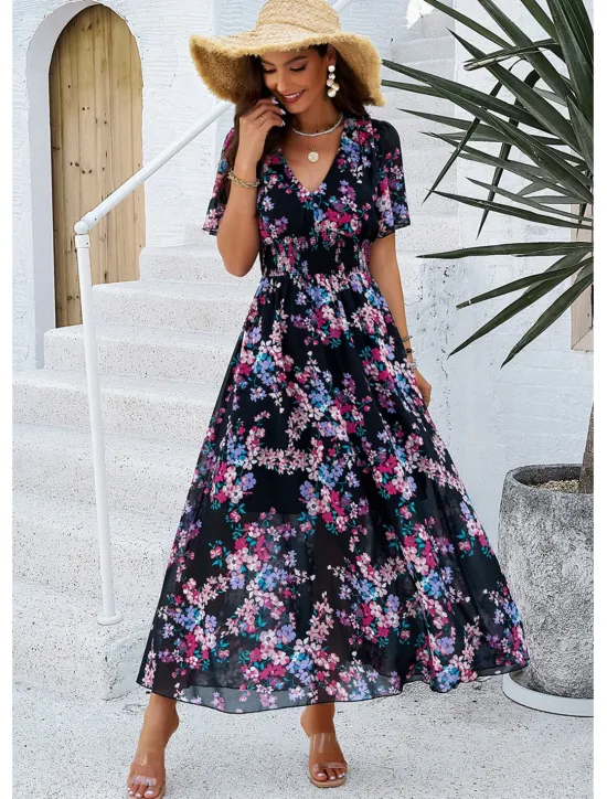 Outlet Women's Sheath Dress Chiffon Dress Sundress Floral Graphic Elastic Waist Print V Neck Cold Shoulder Long Dress Maxi Dress Elegant Tropical Party Date Short Sleeve Summer Spring Women Spring Dresses