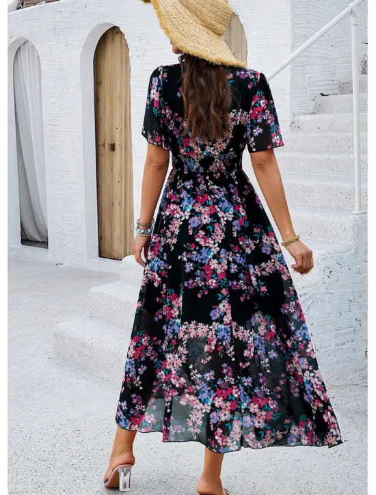 Outlet Women's Sheath Dress Chiffon Dress Sundress Floral Graphic Elastic Waist Print V Neck Cold Shoulder Long Dress Maxi Dress Elegant Tropical Party Date Short Sleeve Summer Spring Women Spring Dresses