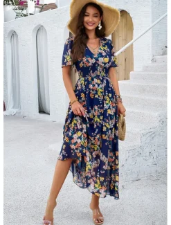 Outlet Women's Sheath Dress Chiffon Dress Sundress Floral Graphic Elastic Waist Print V Neck Cold Shoulder Long Dress Maxi Dress Elegant Tropical Party Date Short Sleeve Summer Spring Women Spring Dresses