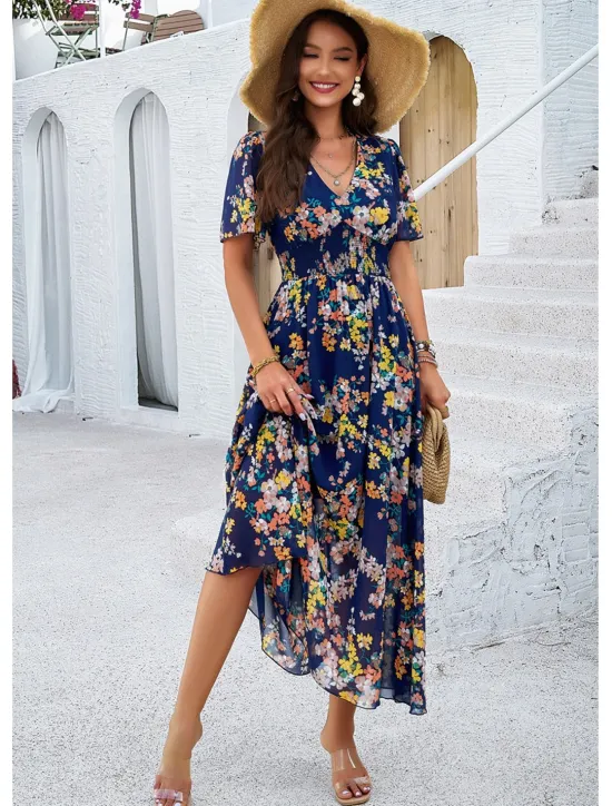 Outlet Women's Sheath Dress Chiffon Dress Sundress Floral Graphic Elastic Waist Print V Neck Cold Shoulder Long Dress Maxi Dress Elegant Tropical Party Date Short Sleeve Summer Spring Women Spring Dresses
