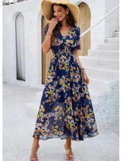 Outlet Women's Sheath Dress Chiffon Dress Sundress Floral Graphic Elastic Waist Print V Neck Cold Shoulder Long Dress Maxi Dress Elegant Tropical Party Date Short Sleeve Summer Spring Women Spring Dresses