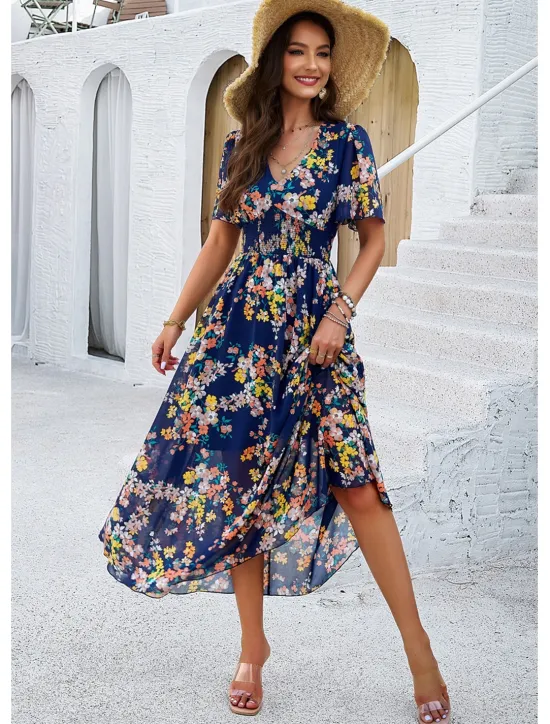 Outlet Women's Sheath Dress Chiffon Dress Sundress Floral Graphic Elastic Waist Print V Neck Cold Shoulder Long Dress Maxi Dress Elegant Tropical Party Date Short Sleeve Summer Spring Women Spring Dresses
