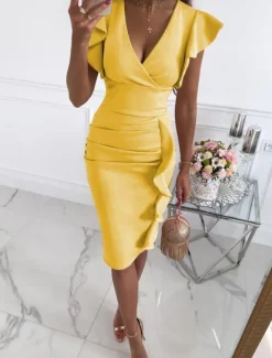 New Women's Sheath Dress Knee Length Dress Black Red Yellow Apricot Sleeveless Pure Color Ruched Ruffle Spring Summer V Neck Stylish Elegant Sexy Party Slim 2023 S M L XL XXL Women Cocktail Dress