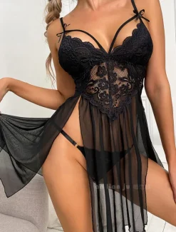 New Women's Sheath Dress Lace Mini Dress Sexy Lace Mesh Solid Colored Strap Party Black White Spring Summer L Women Lingerie