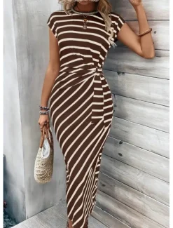 Clearance Women's Sheath Dress Stripe Knotted Crew Neck Cap Sleeve Midi Dress Stylish Casual Daily Short Sleeve Summer Women Work Dresses