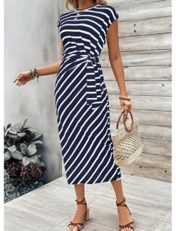 Clearance Women's Sheath Dress Stripe Knotted Crew Neck Cap Sleeve Midi Dress Stylish Casual Daily Short Sleeve Summer Women Work Dresses