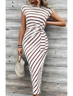 Clearance Women's Sheath Dress Stripe Knotted Crew Neck Cap Sleeve Midi Dress Stylish Casual Daily Short Sleeve Summer Women Work Dresses