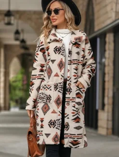 Hot Women's Sherpa Jacket Street Daily Wear Fall Winter Regular Coat Regular Fit Warm Breathable Comtemporary Stylish Plush Jacket Long Sleeve Geometric with Pockets Women Blazers & Suits