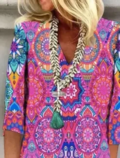 Outlet Women's Shift Dress Floral Paisley Print V Neck Mini Dress Daily Vacation 3/4 Length Sleeve Summer Spring Women Floral Dresses|Spring Dresses