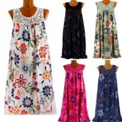 Discount Women's Shift Dress Knee Length Dress Black Army Green Fuchsia Navy Blue Sleeveless Floral Print Spring Summer Round Neck Hot Casual Boho Loose 2023 M L XL XXL 3XL 4XL 5XL Women Vacation Dresses