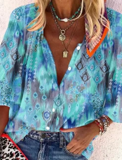 Discount Women's Shirt Basic Buttons Print Long Sleeve Regular Tops Casual Pink Blue Green Spring Fall Women Spring Tops