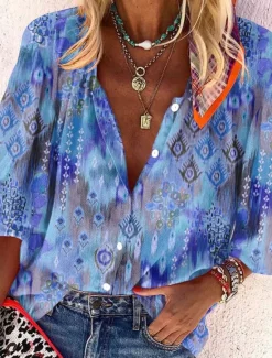 Discount Women's Shirt Basic Buttons Print Long Sleeve Regular Tops Casual Pink Blue Green Spring Fall Women Spring Tops