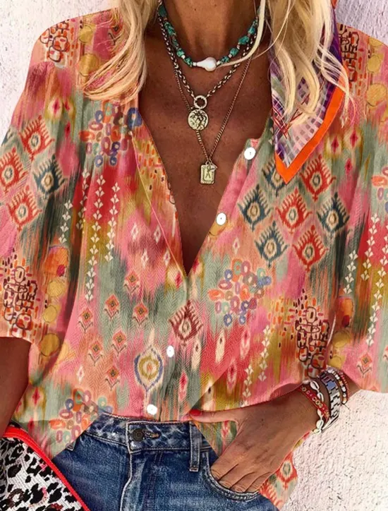 Discount Women's Shirt Basic Buttons Print Long Sleeve Regular Tops Casual Pink Blue Green Spring Fall Women Spring Tops
