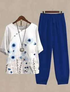 Online Women's Shirt Basic Pants Sets Half Sleeve Round Neck Floral Graphic Geometric Print Holiday Weekend Black Royal Blue Blue Summer Regular Fit Women Two Piece Sets