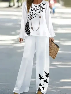 Women's Shirt Blouse 3/4 Length Sleeve U Neck Floral Graphic Print Outdoor Vacation Casual White Blue Purple Summer Loose Fit Women Two Piece Sets